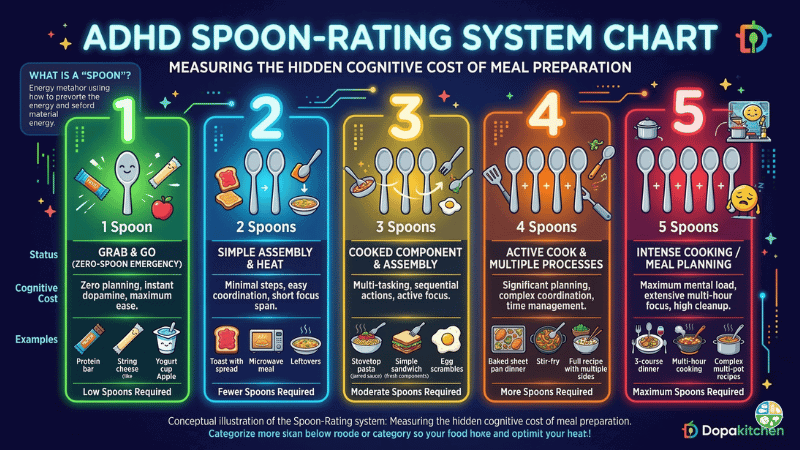 Visual guide showing ADHD spoon-rating system for meal preparation and cognitive effort.