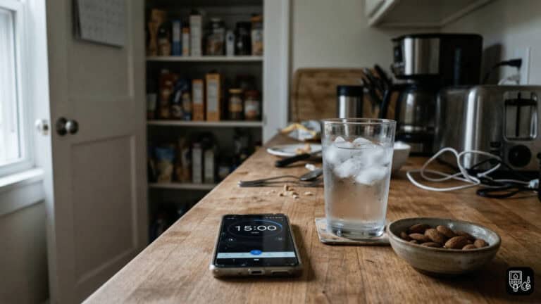 A smartphone timer set to 15 minutes next to a glass of water and almonds on a kitchen counter.