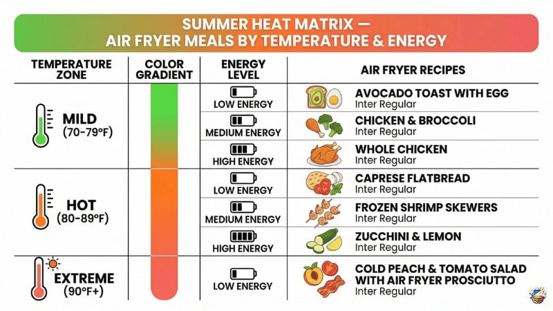 Summer air fryer meal chart by temperature and energy level