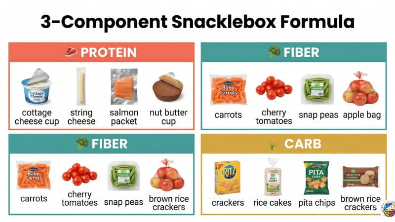3-Component Snacklebox Formula infographic showing protein, fiber, and carb options for ADHD no-cook assembly plates