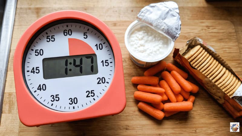 Kitchen timer showing 1 minute 47 seconds next to assembled                      ADHD snacklebox: cottage cheese, baby carrots, crackersImage Title:          ADHD Snacklebox Plate 1 Timer Proof — Under 2 Minutes