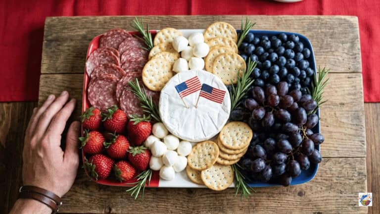 Red white blue July 4th grazing platter recipe — zero cook assembly