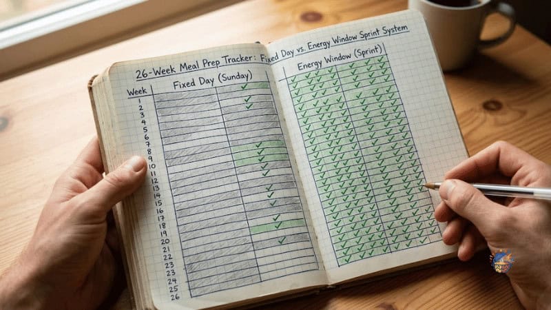 Alex 26 week batch cooking tracker Sunday completion vs energy window sprint comparison