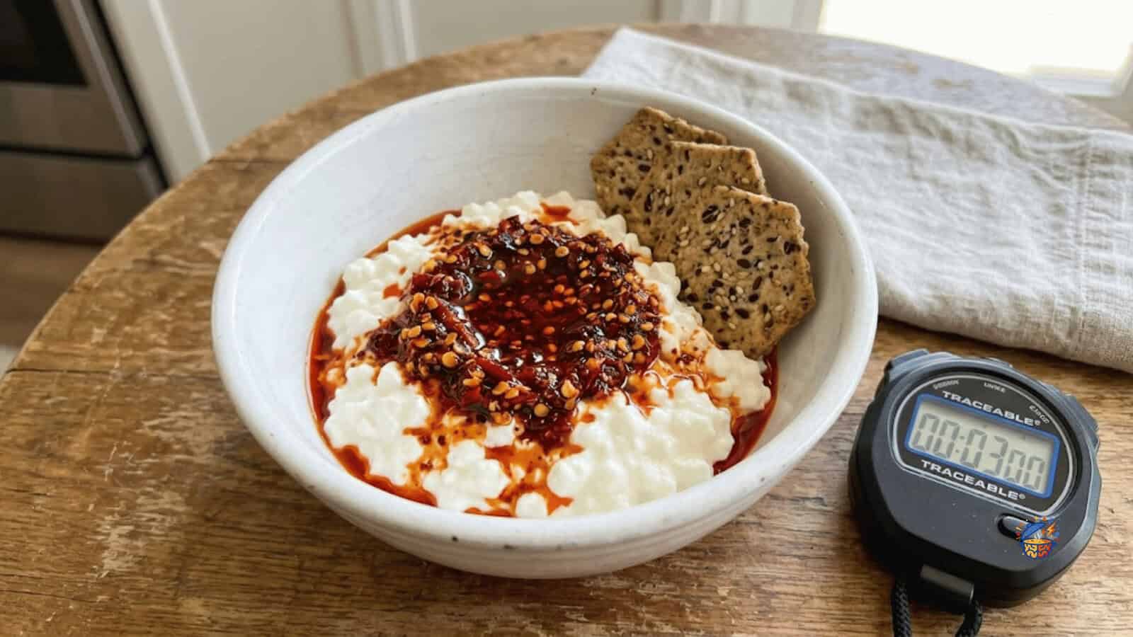 cold cottage cheese chili crisp bowl, timed at 3 minutes