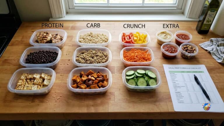 Prepped vegetables, grains, and proteins for meal planning on a kitchen counter.