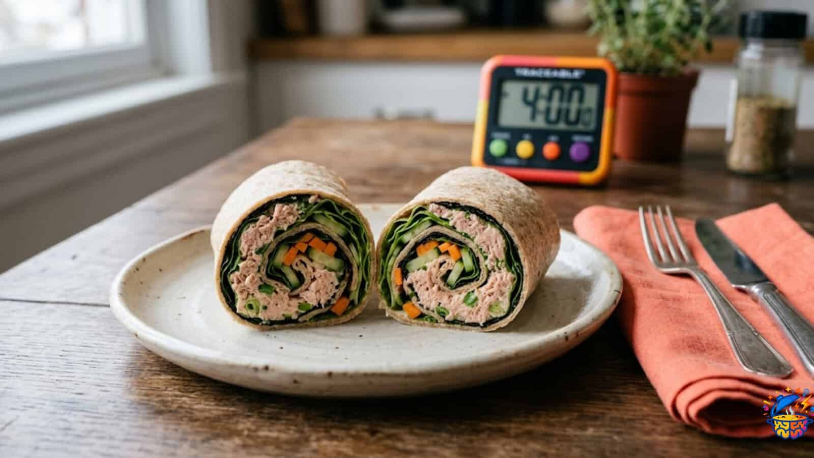 No-cook spicy tuna seaweed wrap, sliced, with a kitchen timer