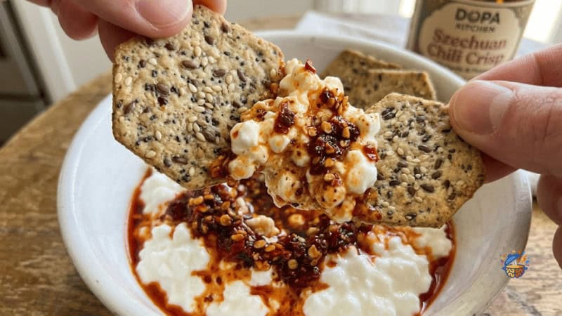 scooping a cottage cheese bowl with a seeded cracker