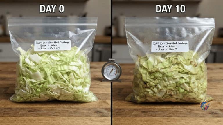 Two bagged no-chop vegetable bases side by side on day 10 of a refrigerator test