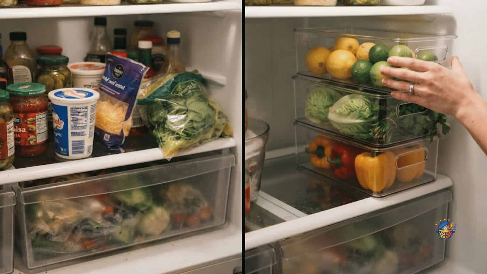 Before and after photo of a fridge shelf reorganized with clear bins at eye level (96 chars)