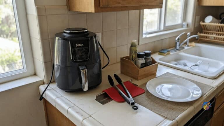 Air fryer station set up on a counter corner with tongs, heat mat and seasoning bin within reach