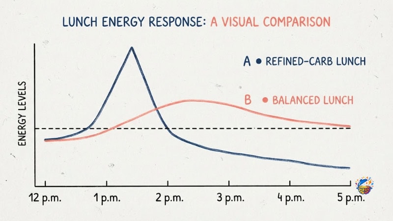 Chart comparing blood sugar after a refined carb lunch and a balanced lunch