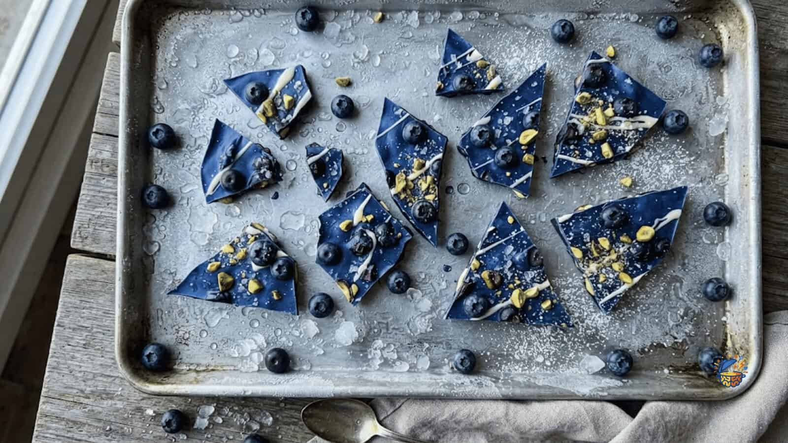 cool blue frozen yogurt bark with blueberries snapped into pieces