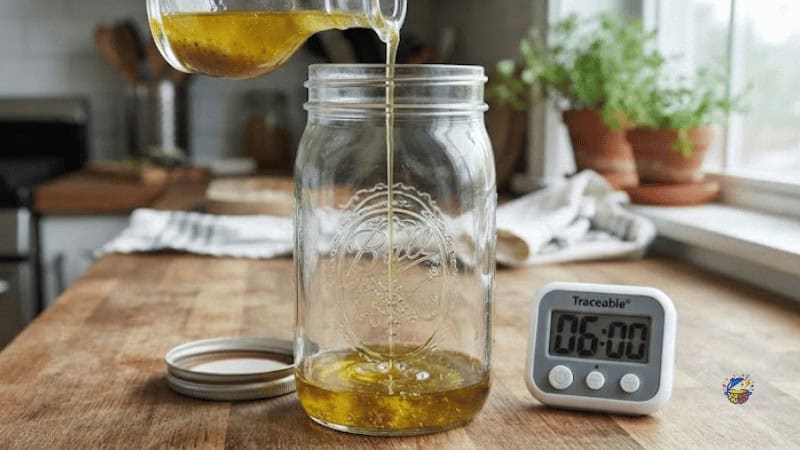 pouring dressing into the bottom of a mason jar