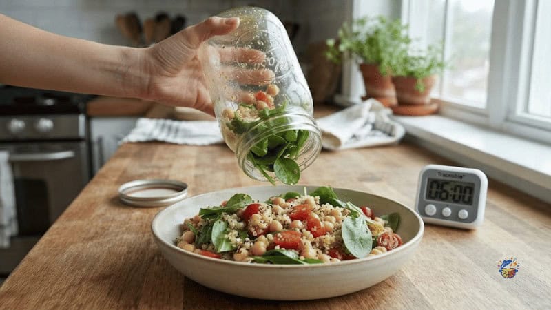 mason jar salad shaken into a bowl to eat cold