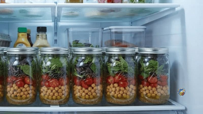 make-ahead mason jars stored upright in the fridge