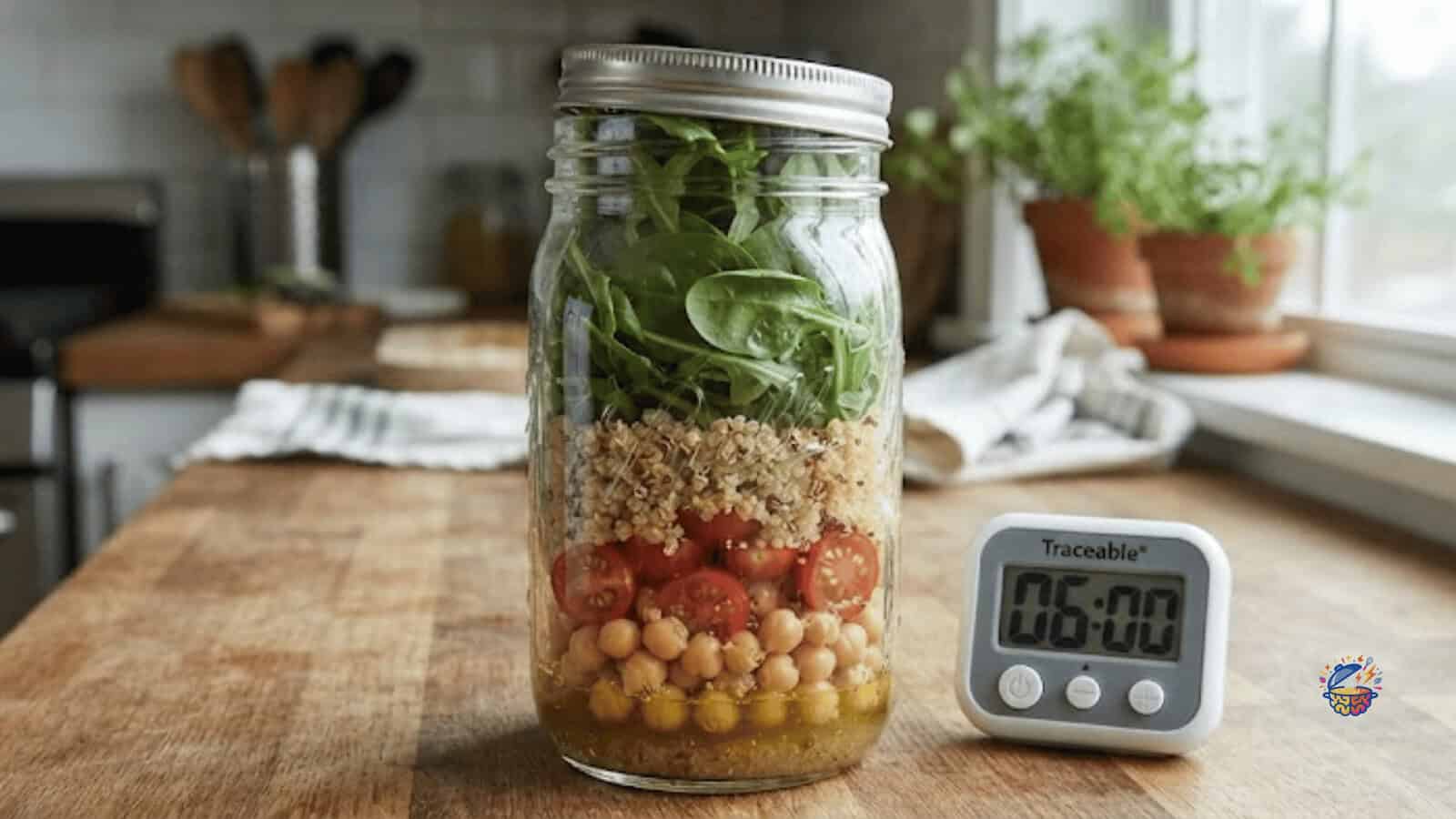 layered no-cook mason jar with dressing on the bottom and greens on top