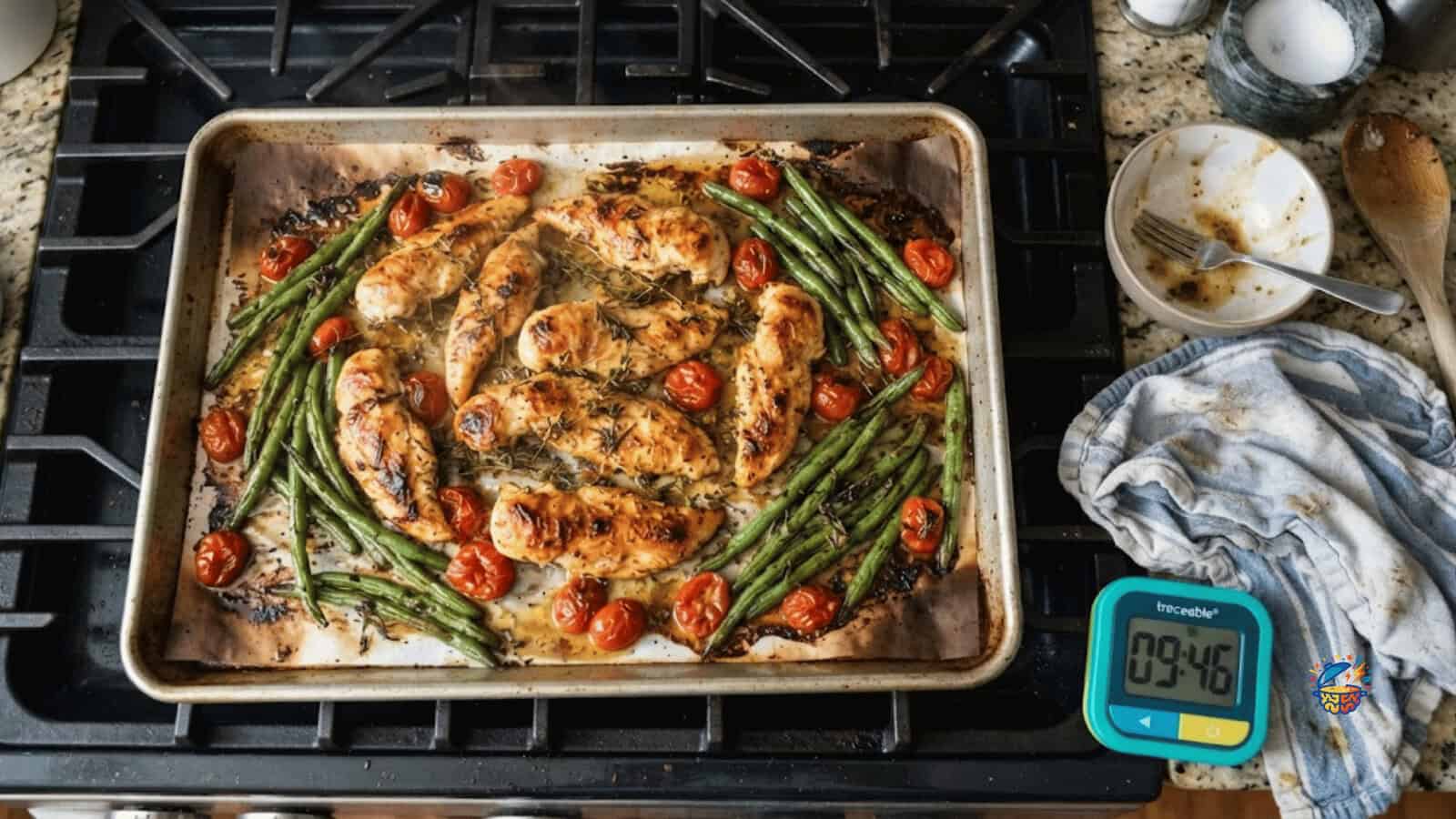 Sheet pan of honey-lemon chicken tenders with green beans and cherry tomatoes, straight from the oven