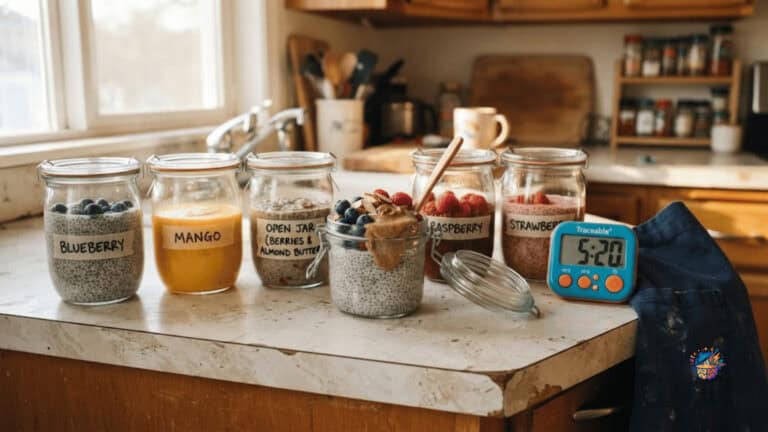 Five glass jars of make-ahead overnight oats lined up on a kitchen counter, one topped with berries