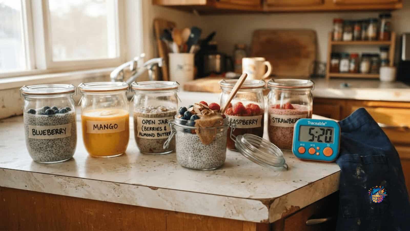 Five glass jars of make-ahead overnight oats lined up on a kitchen counter, one topped with berries