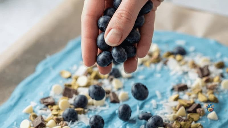 scattering blueberries over frozen yogurt bark
