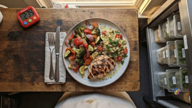 A balanced lunch plate with vegetables, grilled chicken, quinoa and olive oil