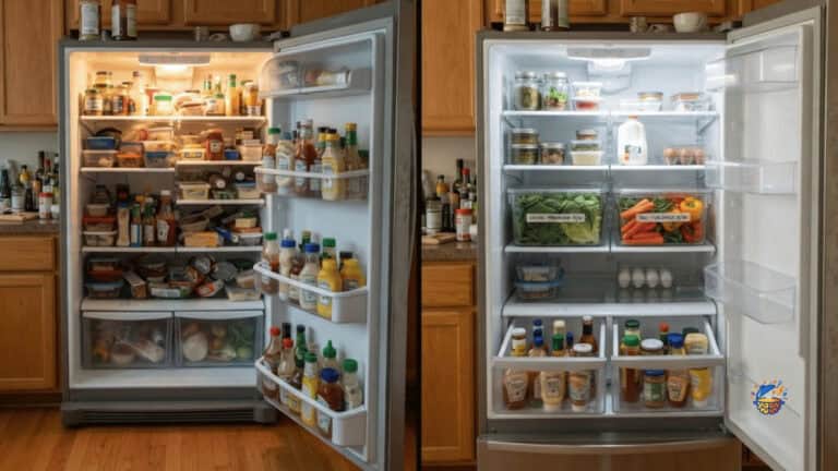 Side-by-side fridge before and after the inverted crisper swap, with clear labeled bins at eye level