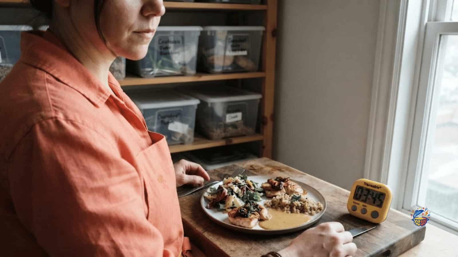 Assembled no-cook dinner plate with a kitchen timer showing the total prep and cleanup time