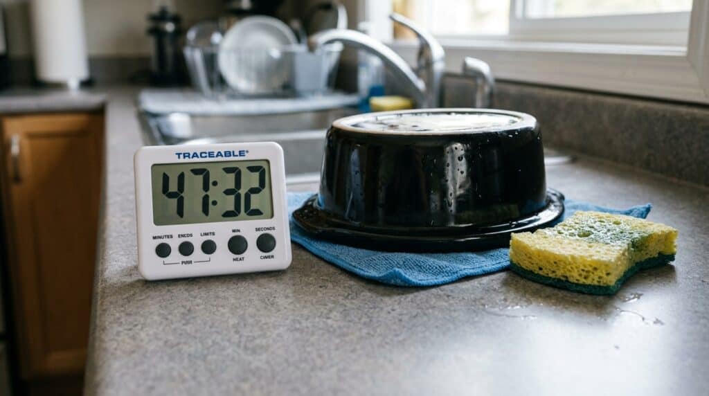 A Traceable digital timer on a dry counter beside a washed slow cooker insert
