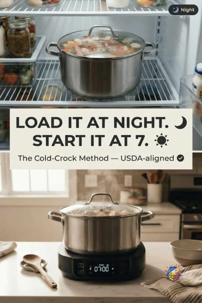 Slow cooker insert loaded at night in the fridge, then started on the base in the morning