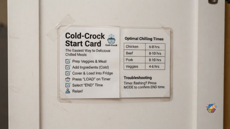 Printed Cold-Crock Start Card checklist taped inside a cupboard door