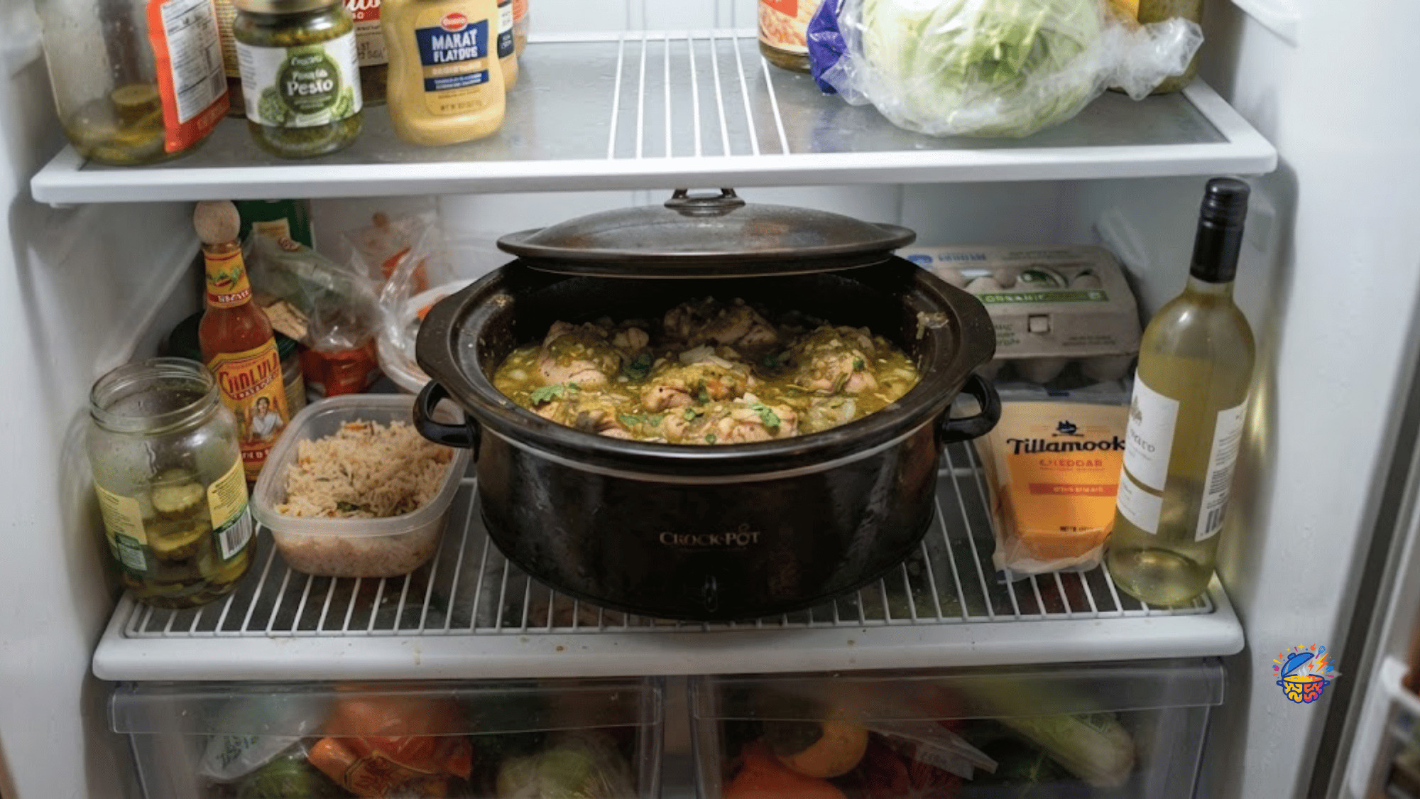 Loaded slow cooker insert with lid on a refrigerator shelf, prepped the night before