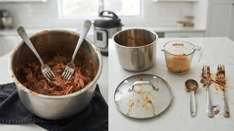 Shredded chicken in the slow cooker insert next to the six utensils used