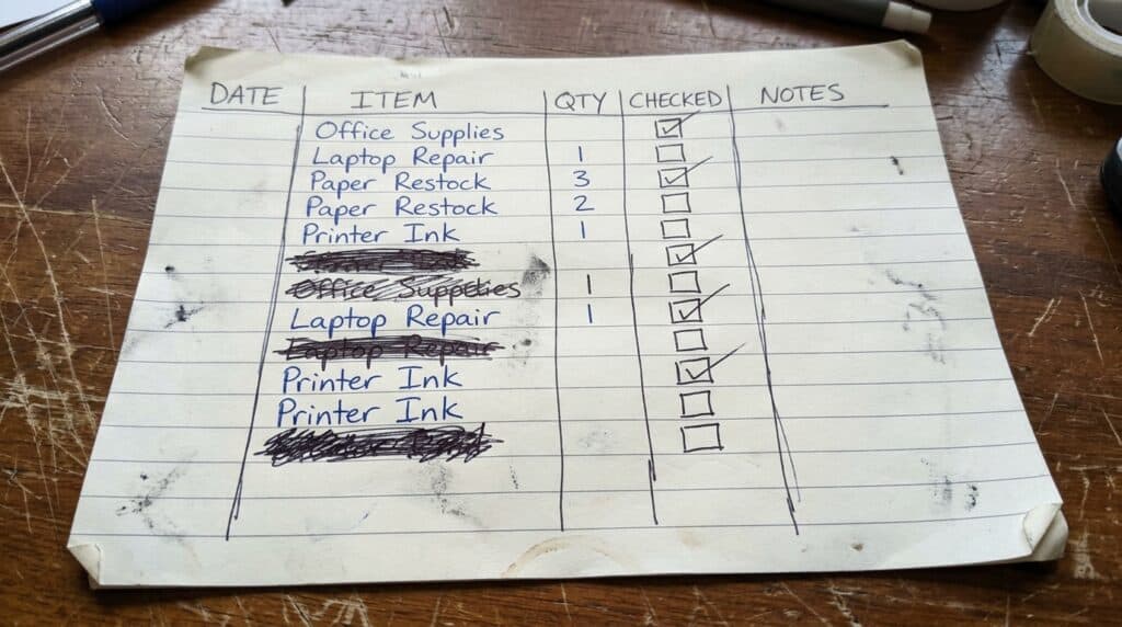 Handwritten 30-night tally sheet recording dinner method and items washed
