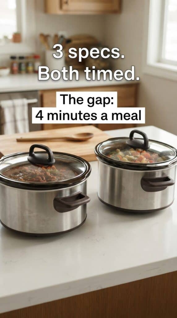 Pinterest graphic comparing two slow cooker inserts with measured cleanup times