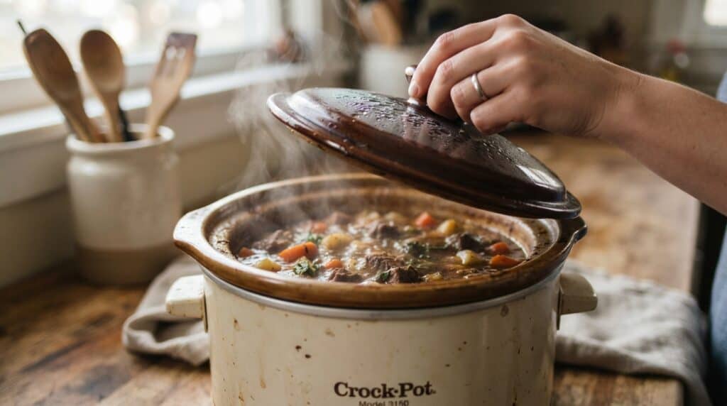 A slow cooker lid lifted with one hand above the crock