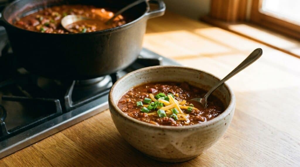 Bowl of slow cooker chili made from five canned ingredients