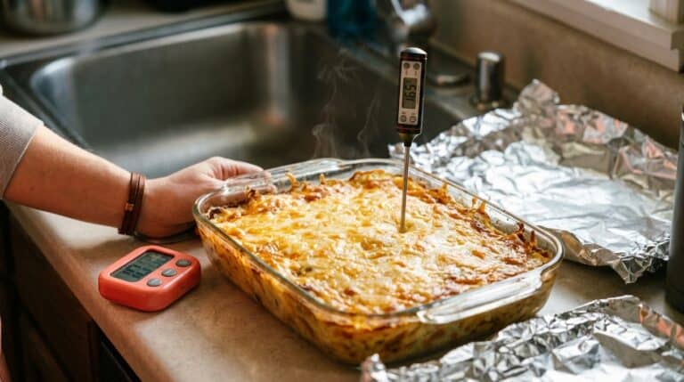Hot baked casserole with a thermometer in a kitchen countertop.
