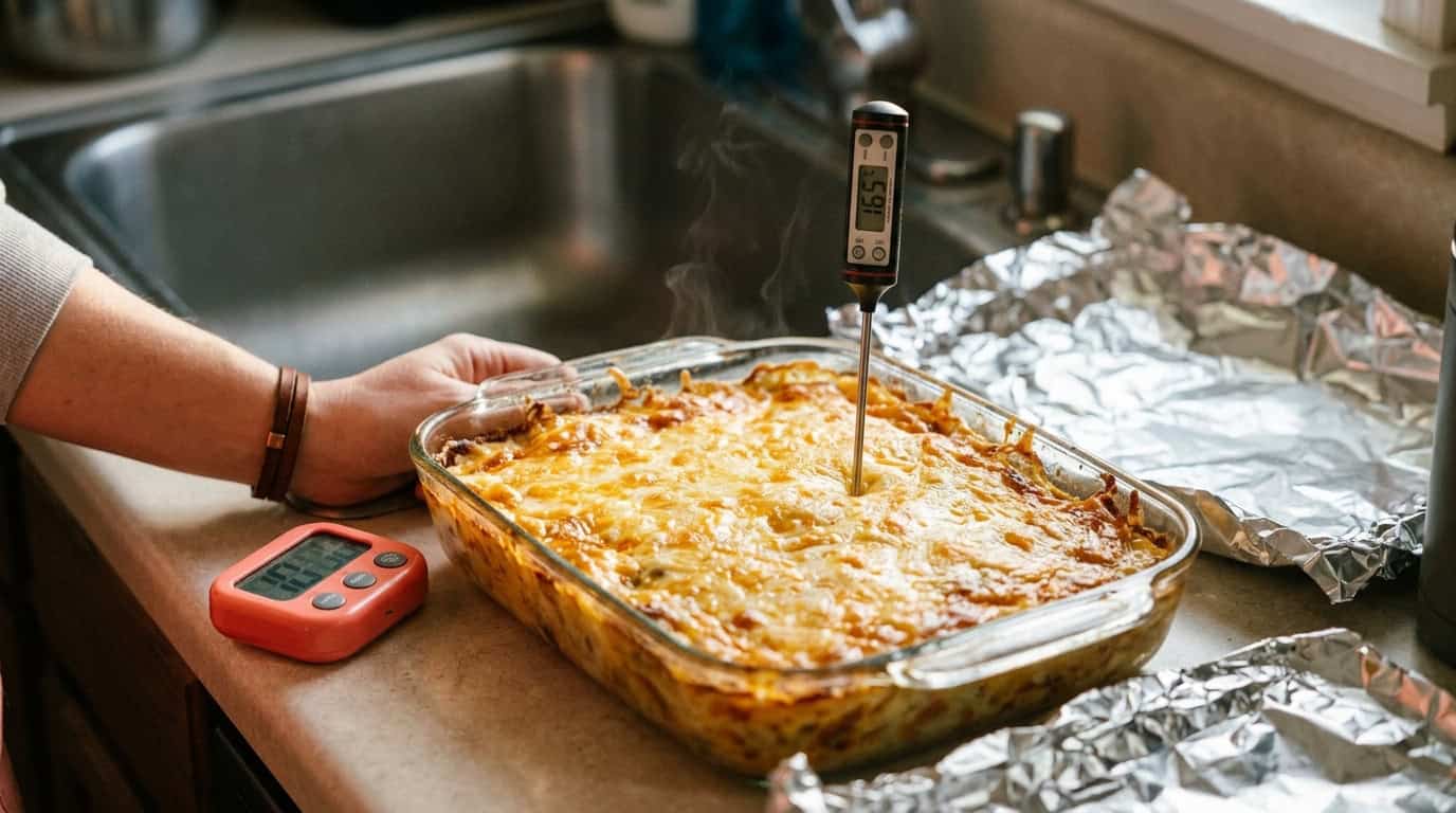 Hot baked casserole with a thermometer in a kitchen countertop.