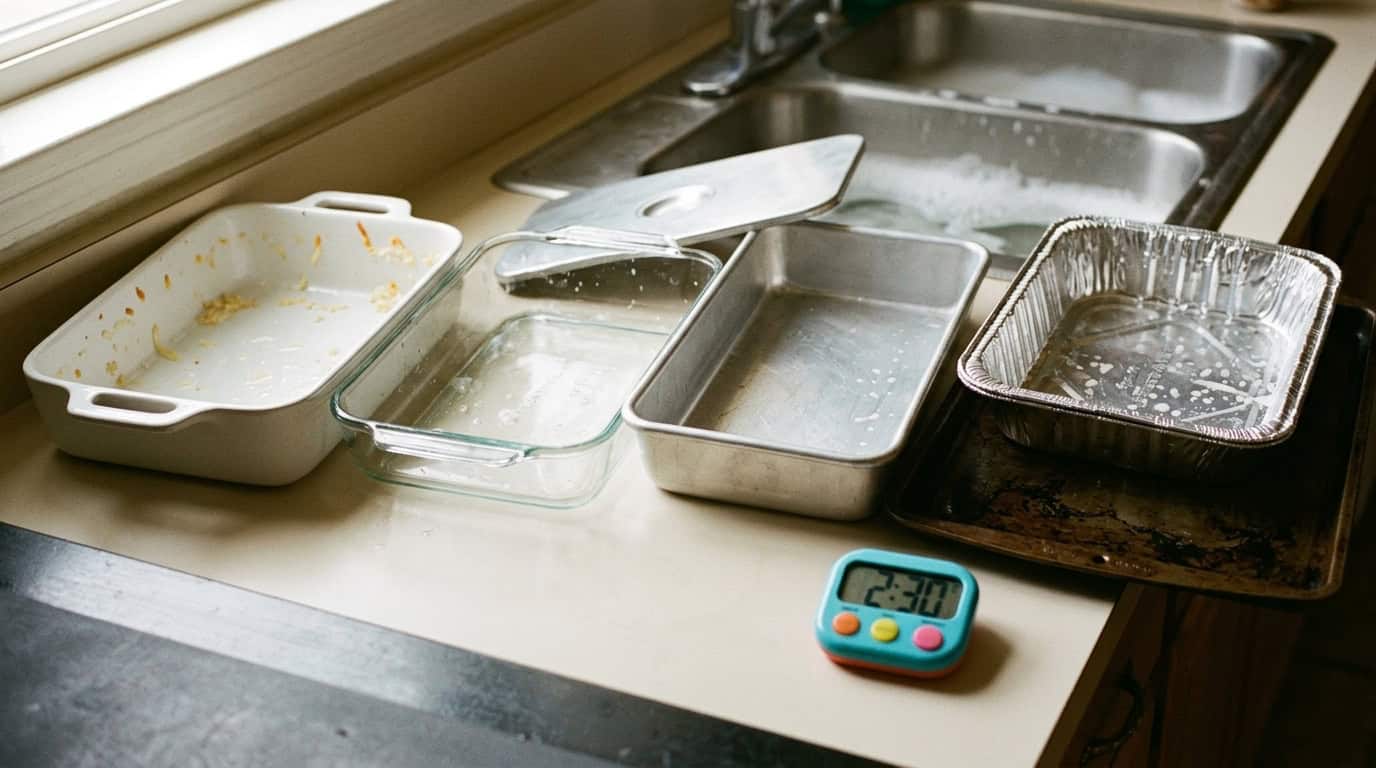Four 9x13 dishes in glass, ceramic, aluminum and foil next to a sink and a running timer