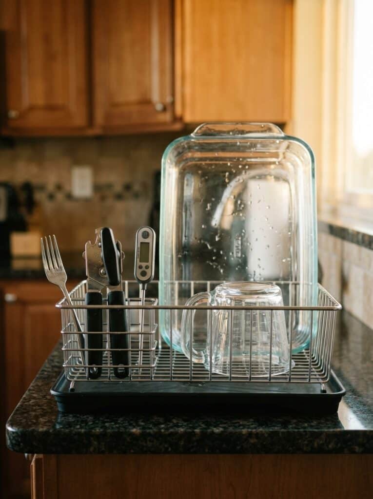 Five washed items on a drying rack after a chicken broccoli rice casserole: dish, cup, fork, opener, thermometer
