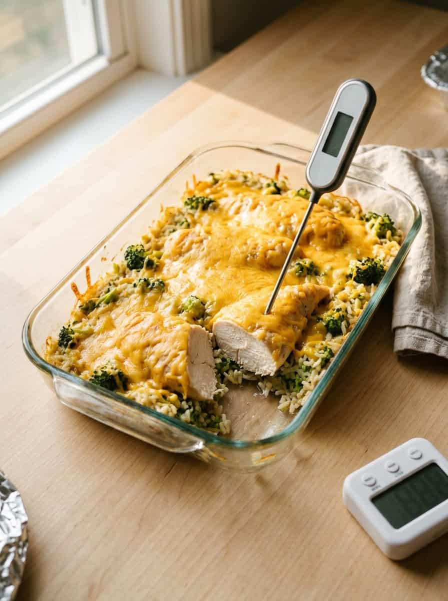 Baked chicken casserole with broccoli and rice in a glass dish, digital thermometer inserted.