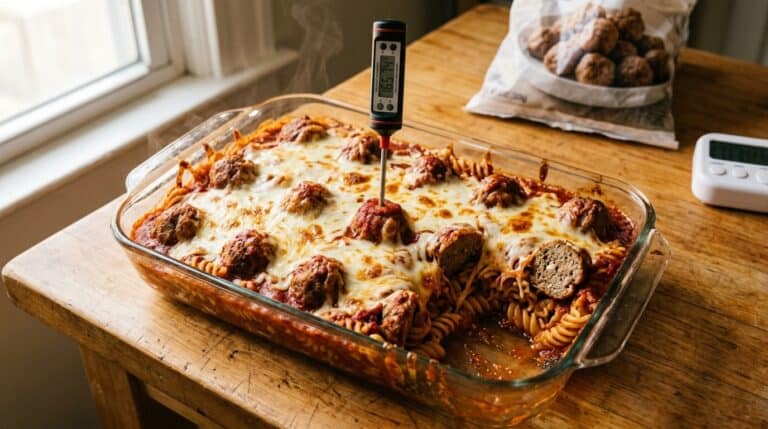 Dump-and-Bake Meatball Casserole With Frozen Meatballs, Timed 12 A dump-and-bake meatball casserole in a 9x13 dish with a thermometer in a meatball and a kitchen timer