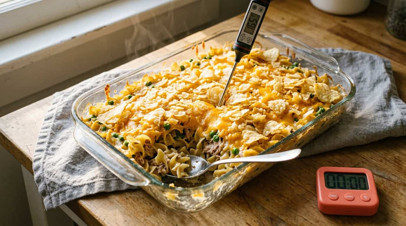 No-boil tuna noodle casserole in a glass baking dish with a digital thermometer.