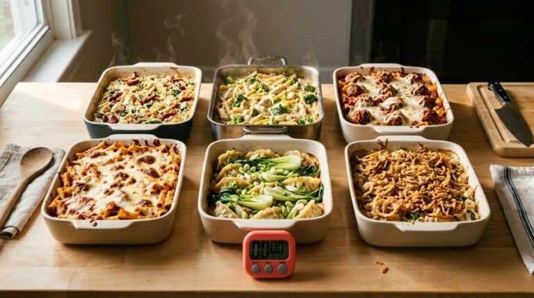 We Timed 6 Viral Dump-and-Bake Recipes: Which Ones Really Skip the Stove? 1 Six baked dump-and-bake casserole dishes on a wooden table with a timer.