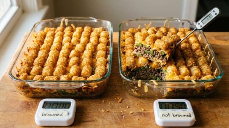 Tater Tot Casserole Without Browning the Beef: We Timed Both Ways 13 Two tater tot casseroles in 9x13 dishes, one with a thermometer in the beef layer, beside two kitchen timers