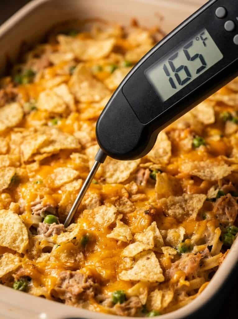 Instant-read thermometer in the center of a baked tuna noodle casserole in a glass dish