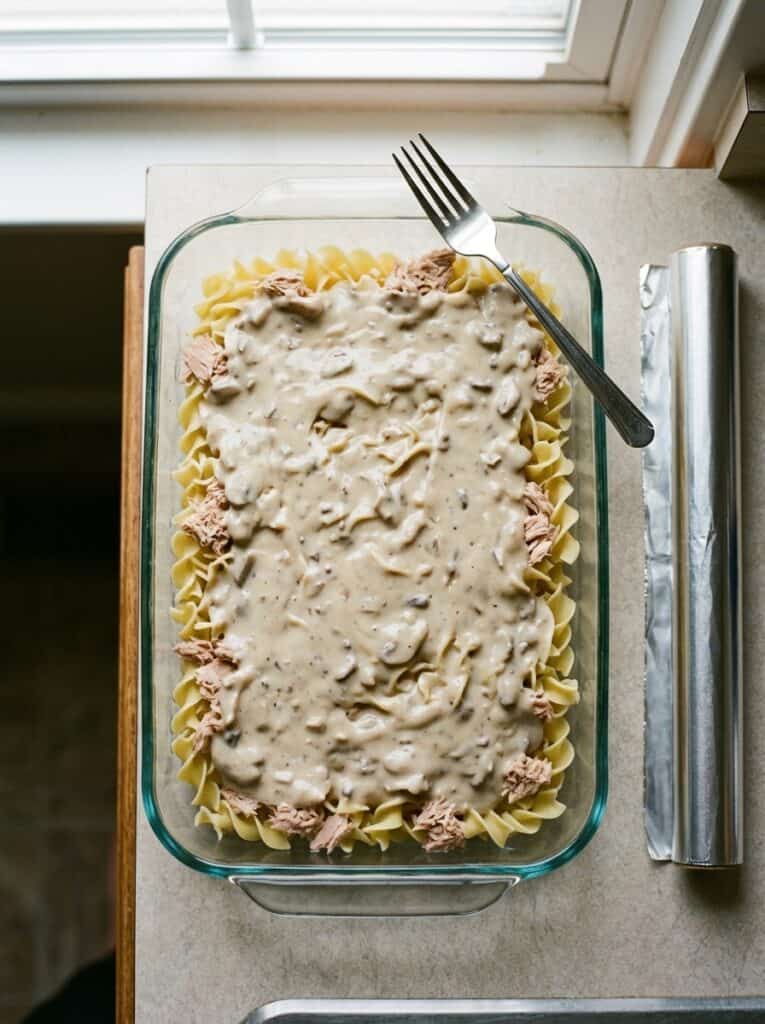 Uncooked wide egg noodles and tuna pressed under creamy sauce in a glass 9x13 dish before the foil goes on